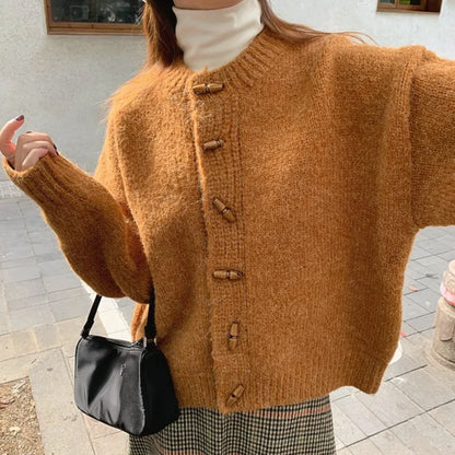 Vintage Knitted Round Neck Cardigan for Women