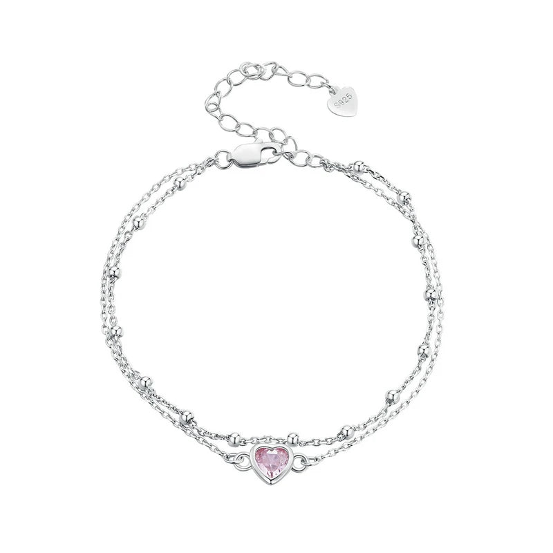 925 Silver Double Layer Pink Heart Bracelet