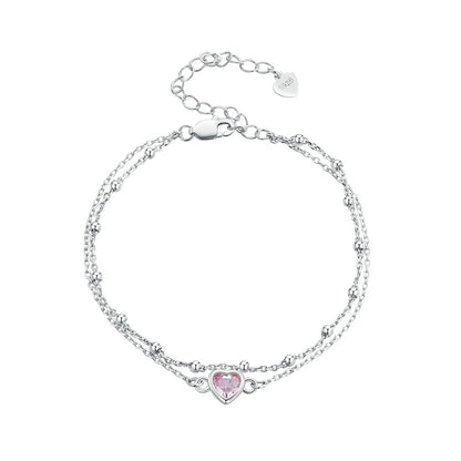 925 Silver Double Layer Pink Heart Bracelet