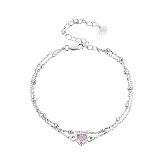 925 Silver Double Layer Pink Heart Bracelet