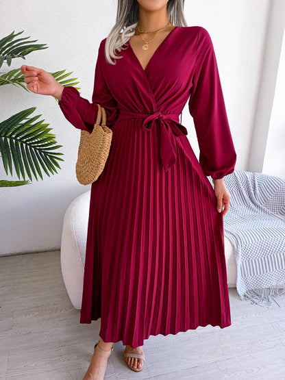 Women's Elegant V-Neck Pleated Maxi Dress