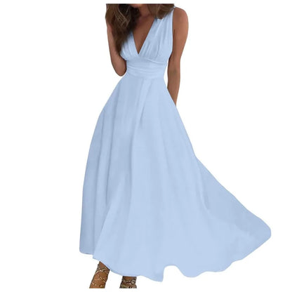 Solid Color V-Neck Sleeveless Long Sundress