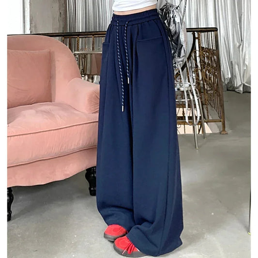 Gray Navy Blue Loose High Waisted Pants
