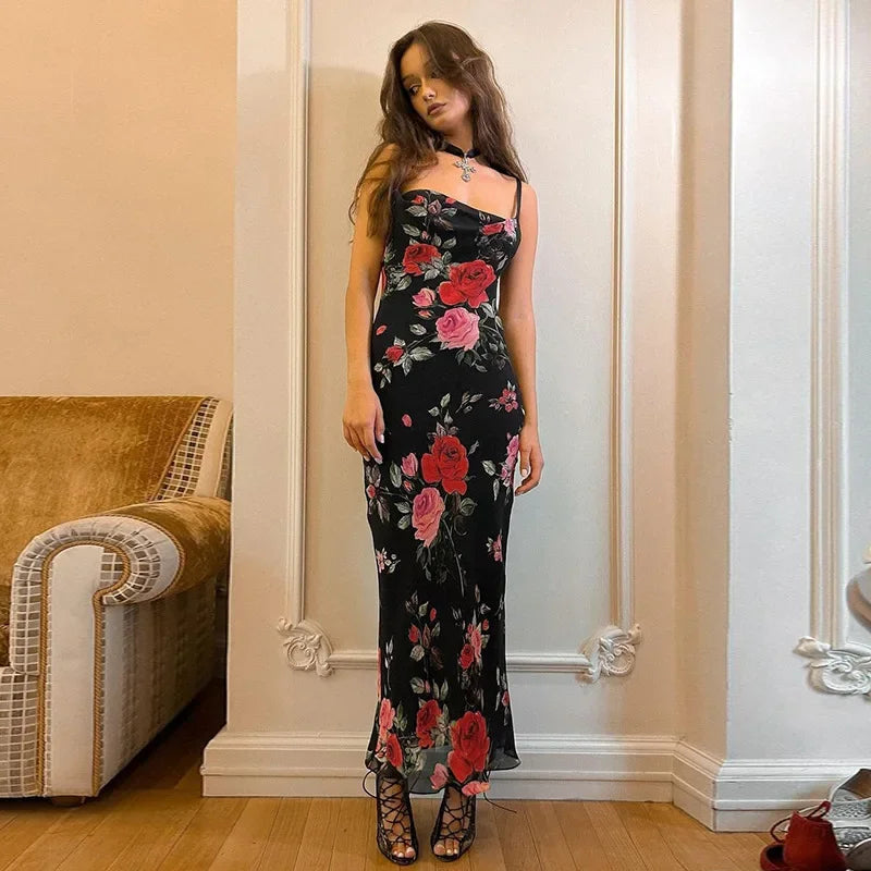 Floral Spaghetti Strap Bodycon Maxi Dress