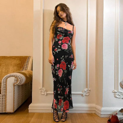Floral Spaghetti Strap Bodycon Maxi Dress