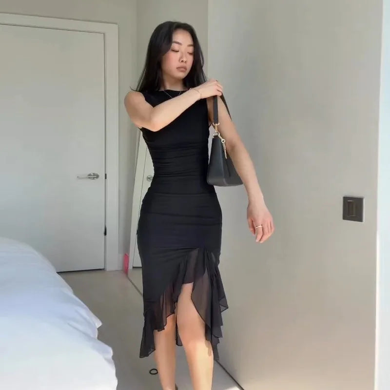 Elegant Backless Mesh Patchwork Maxi Dress