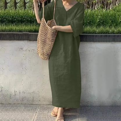 Retro V-Neck Cotton Linen Midi Dress