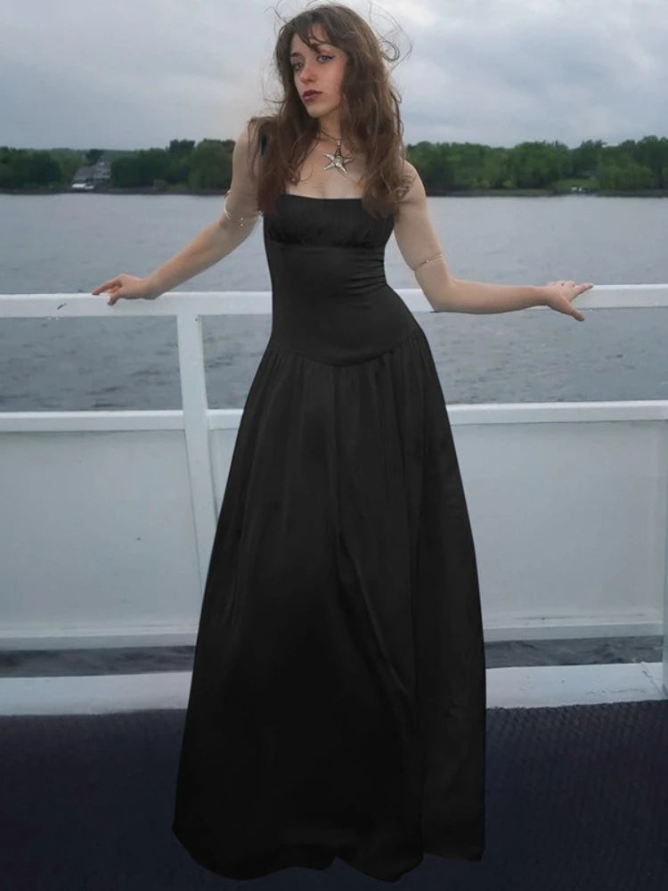 CLO010DJ
 Women's Sleeveless High Waist Corset Dress  Outfit Female Spaghetti Strap Slash Neck Tunics A-line Long Dresses - Klixstore