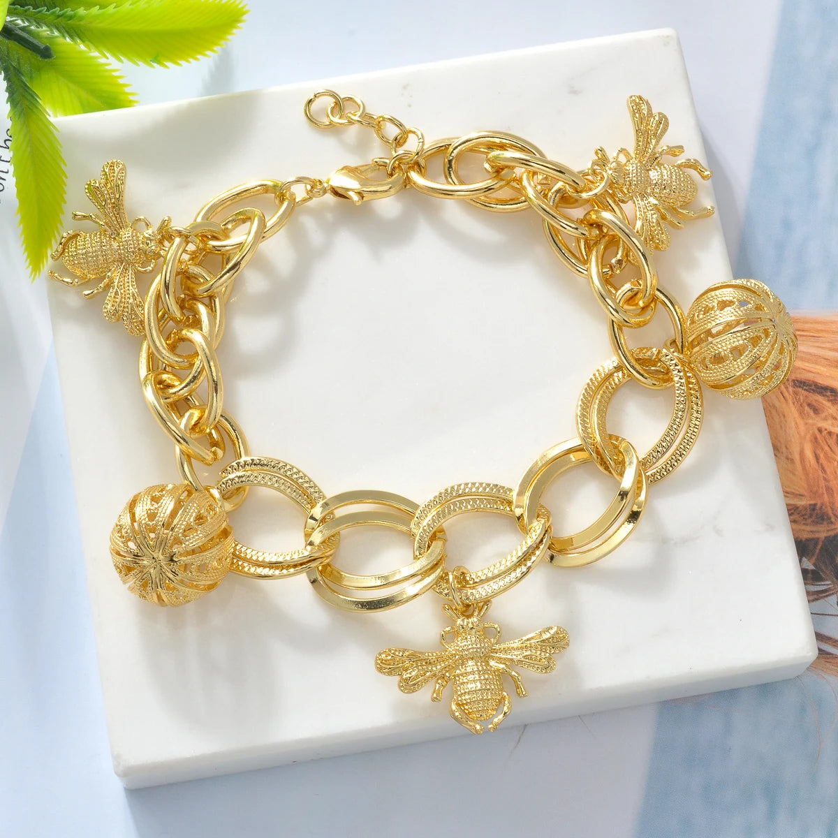 Gold Bee Pumpkin Charm Bracelet