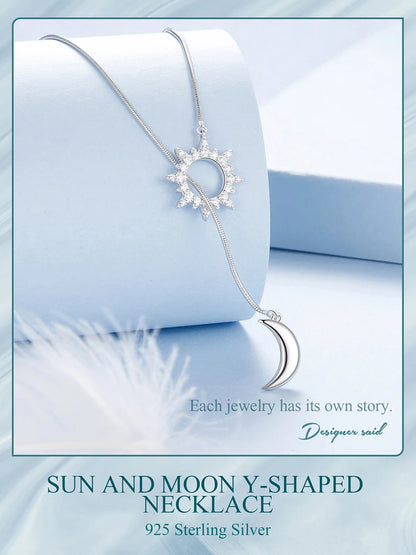 JEW011NEC     White Gold Plated Sun & Moon Y-shaped Necklace, High Quality 925 Sterling Silver - Klixstore