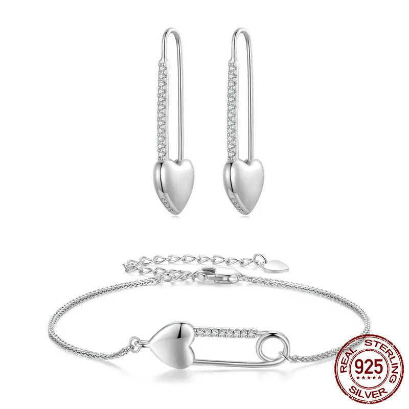 JEW006AX  925 Sterling Silver Heart-Shaped Button Pin Bracelet and Earrings Jewelry Set for Women Original Design Fine Jewelry Gift - Klixstore