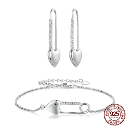 JEW006AX  925 Sterling Silver Heart-Shaped Button Pin Bracelet and Earrings Jewelry Set for Women Original Design Fine Jewelry Gift - Klixstore
