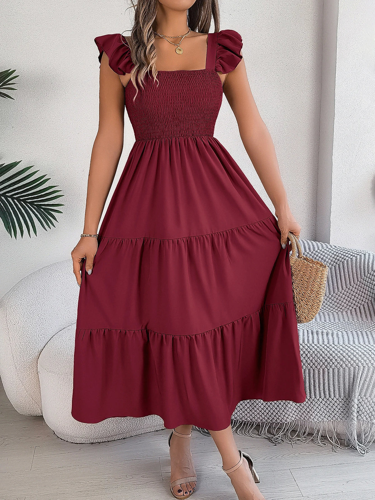 Solid Color Square Neck Maxi Dress | Ruffle Edge Sleeveless | Spring Summer