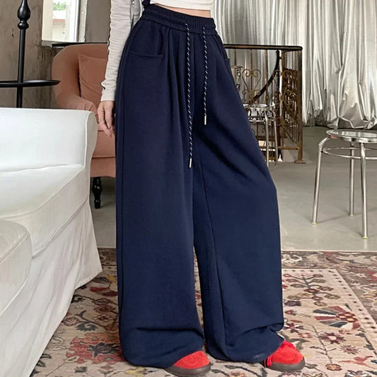 Gray Navy Blue Loose High Waisted Pants