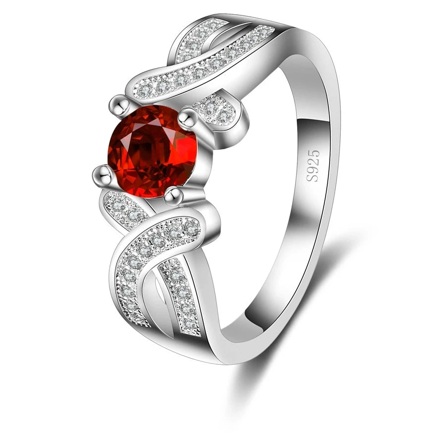 Red Stone 925 Sterling Silver Crystal Engagement Ring for Women