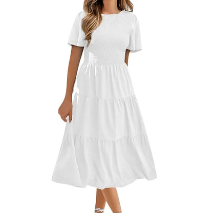 V-Neck Smocked Waist Tiered Midi Dress