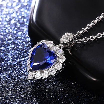 925 Sterling Silver Blue Crystal Heart Necklace for Women