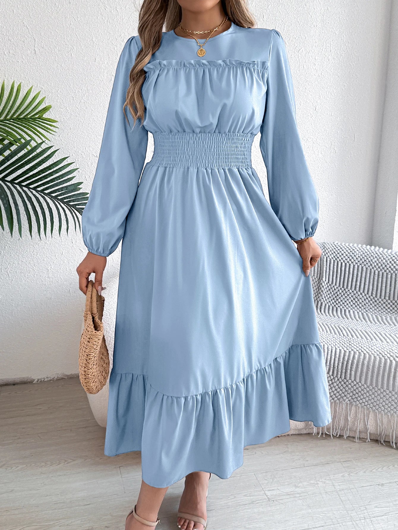 Solid Color Lotus Leaf Hem Midi Dress – Long Sleeve