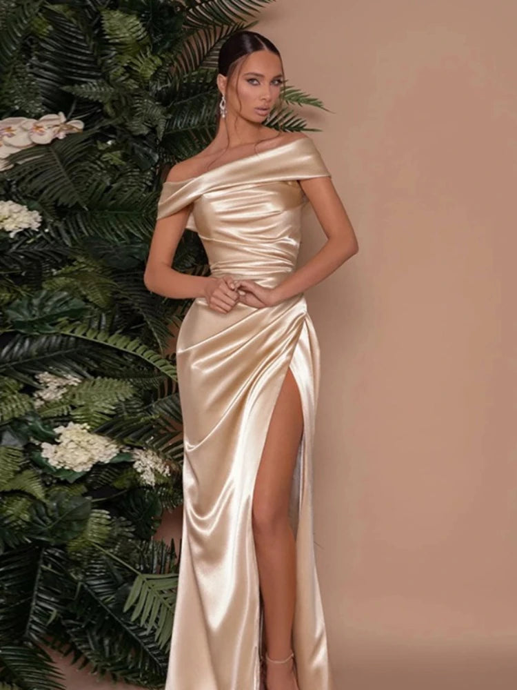 CLO009DJ
Luxury Champagne Formal Occasion Gowns Women's Off Shoulder Sleeveless Ruched Slim Long Dress Tunics Split - Klixstore