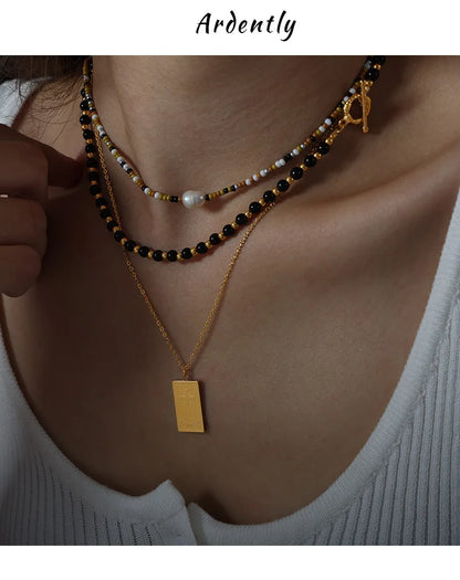 Vintage Black Agate Beaded Necklace for Women