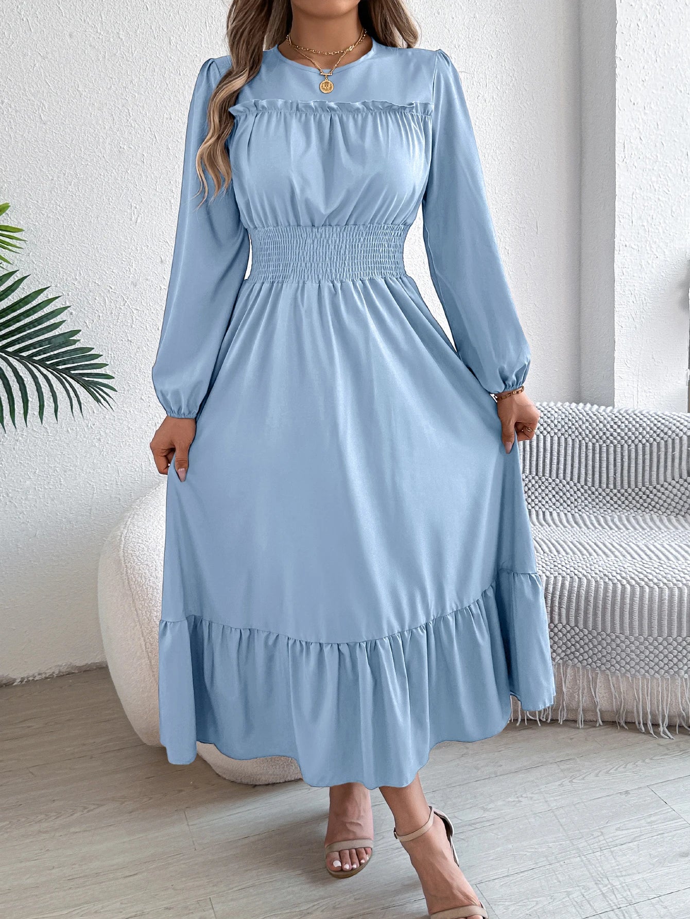 Solid Color Lotus Leaf Hem Midi Dress – Long Sleeve