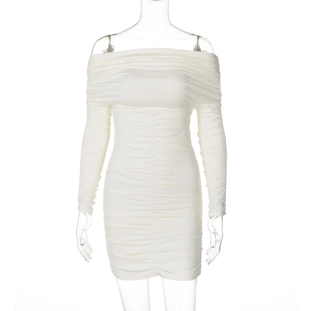 CLO062DJ
 Fashion Sexy Off Shoulder Long Sleeve Folds Short Dress Autumn Woman Clothes Slash Neck Ruched Tunics Party Club Dresses - Klixstore