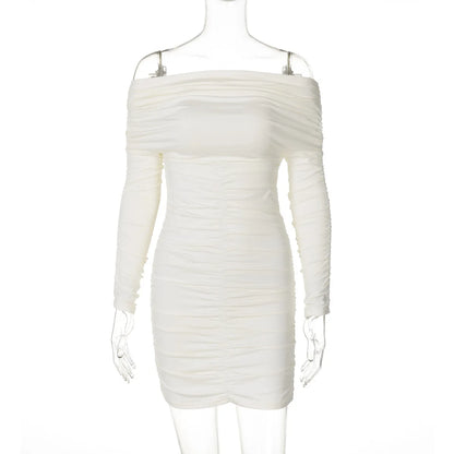 CLO062DJ
 Fashion Sexy Off Shoulder Long Sleeve Folds Short Dress Autumn Woman Clothes Slash Neck Ruched Tunics Party Club Dresses - Klixstore