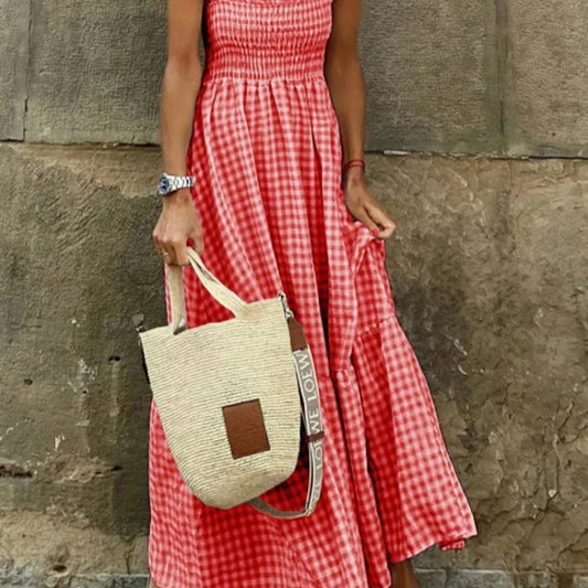 Elegant Plaid Ruffle Slip Maxi Dress