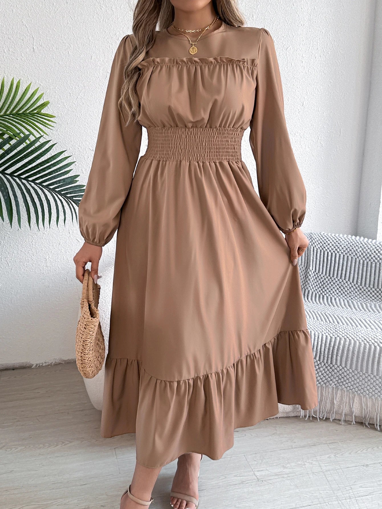 Solid Color Lotus Leaf Hem Midi Dress – Long Sleeve