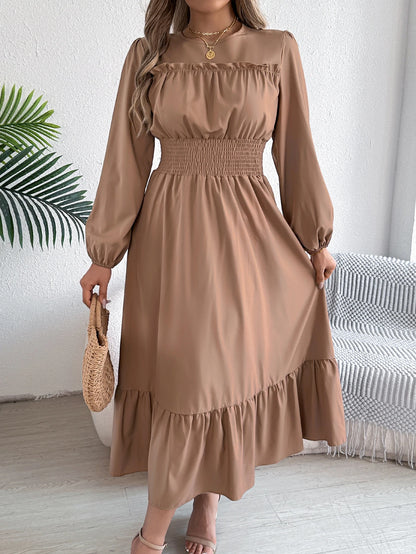 Solid Color Lotus Leaf Hem Midi Dress – Long Sleeve