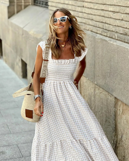 Elegant Plaid Ruffle Slip Maxi Dress