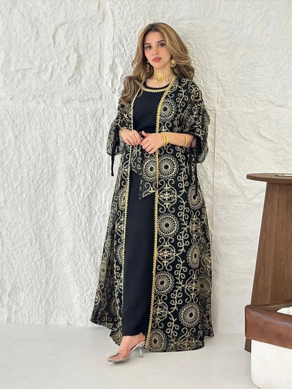 Embroidered Muslim Abaya 2-Piece Set | Kaftan Cardigan & Lace-Up Dress