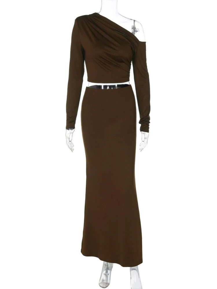 CLO006DJ
Fashion Sexy Diagonal Collar Long Sleeve Cropped T-shirt and Skirts Two Pieces Set Women's Elegant Solid Long - Klixstore