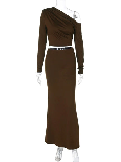 CLO006DJ
Fashion Sexy Diagonal Collar Long Sleeve Cropped T-shirt and Skirts Two Pieces Set Women's Elegant Solid Long - Klixstore