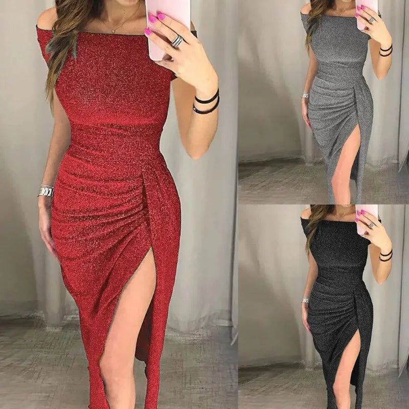 One-Shoulder Glitter Slit Dinner Dress