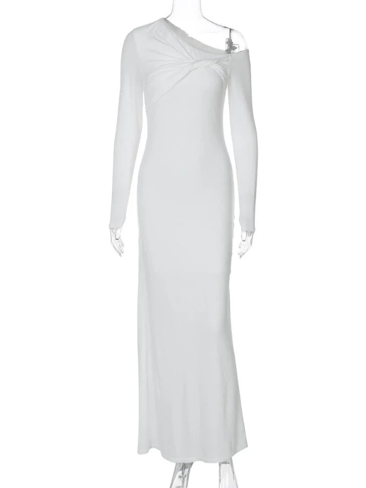 CLO026DJ
Woman Clothes Long Sleeve Diagonal Collar White Irregular Dress  Female Folds Slim Fit Solid Long Party Evening Prom Dresses - Klixstore