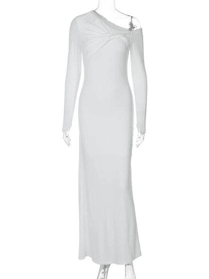 CLO026DJ
Woman Clothes Long Sleeve Diagonal Collar White Irregular Dress  Female Folds Slim Fit Solid Long Party Evening Prom Dresses - Klixstore