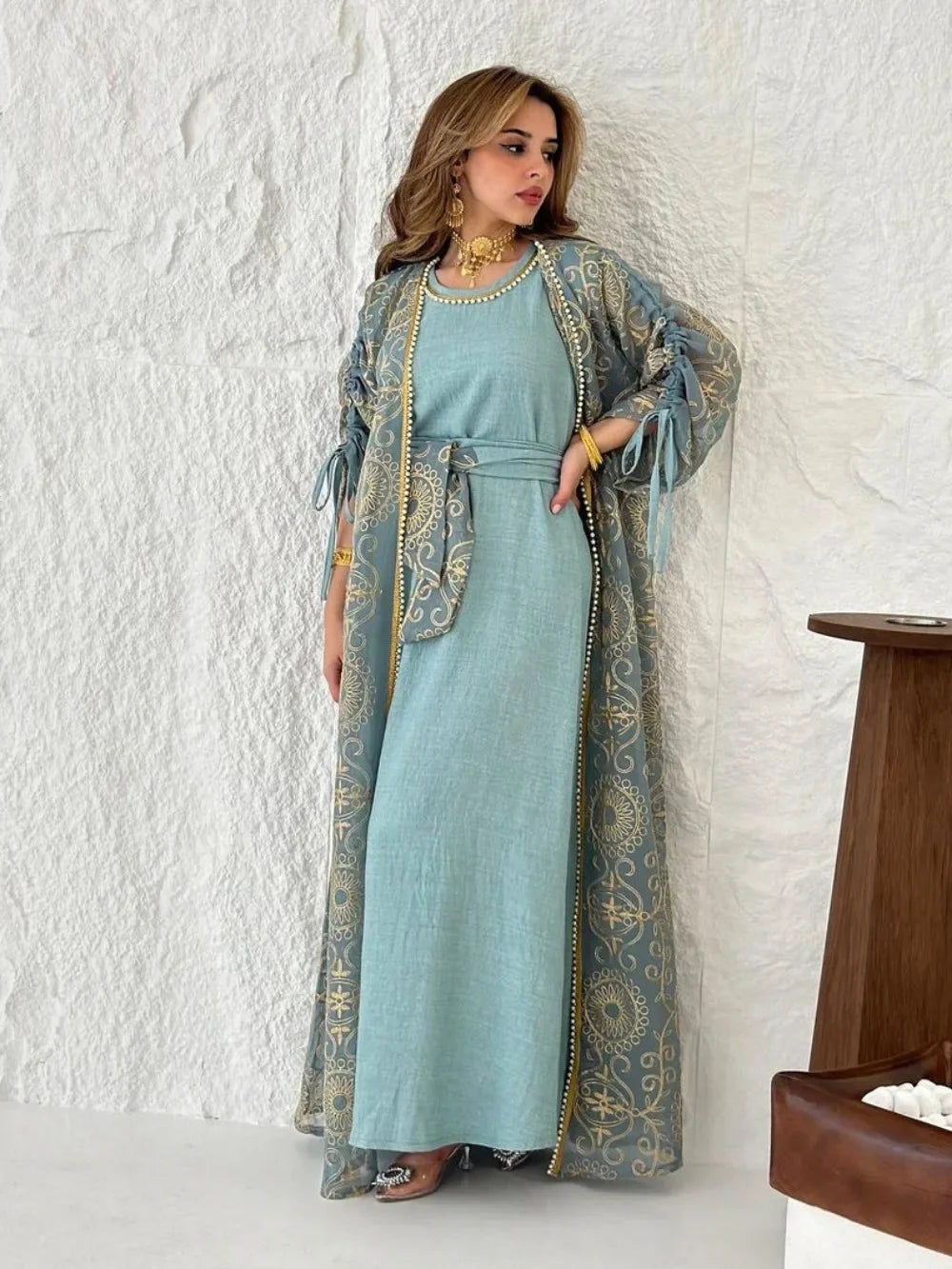 Embroidered Muslim Abaya 2-Piece Set | Kaftan Cardigan & Lace-Up Dress