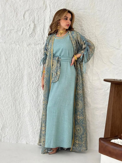 Embroidered Muslim Abaya 2-Piece Set | Kaftan Cardigan & Lace-Up Dress