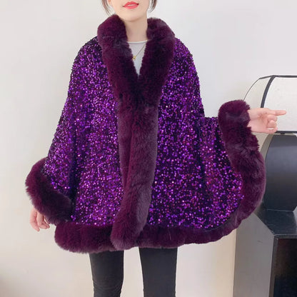 Women's Short Winter Jacket with Fur Collar and Sequin Shawl 2025