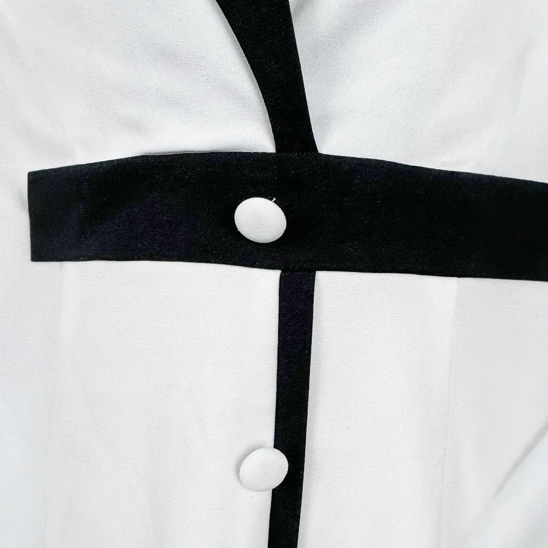 V-Neck Button Color-Block Long Sleeve A-Line Dress | Office & Commuter Style