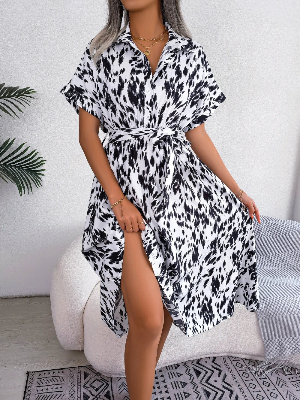 Leopard Print Batwing Shirt Dress | Button Slim Waist Mid-Calf | Summer