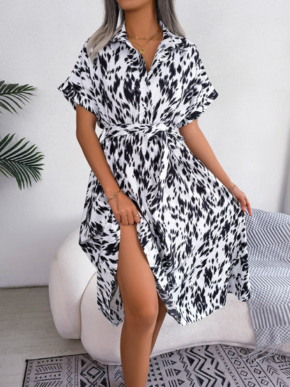 Leopard Print Batwing Shirt Dress | Button Slim Waist Mid-Calf | Summer