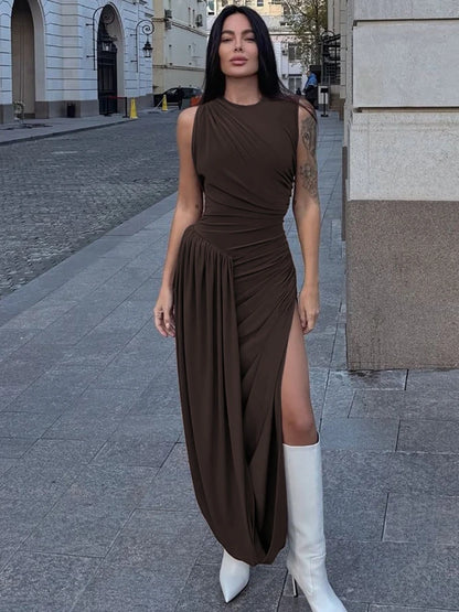 CLO028DJ
Woman Clothing O-neck Sleeveless Tunics High Slit Long Dress Streetwear Y2K Female High Waist Ruched Solid Holiday Party Dresses - Klixstore