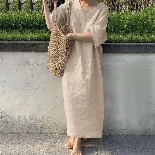 Retro V-Neck Cotton Linen Midi Dress