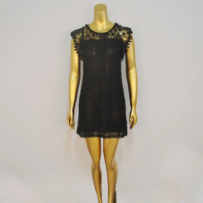 Sleeveless White Lace Tassel Mini Dress