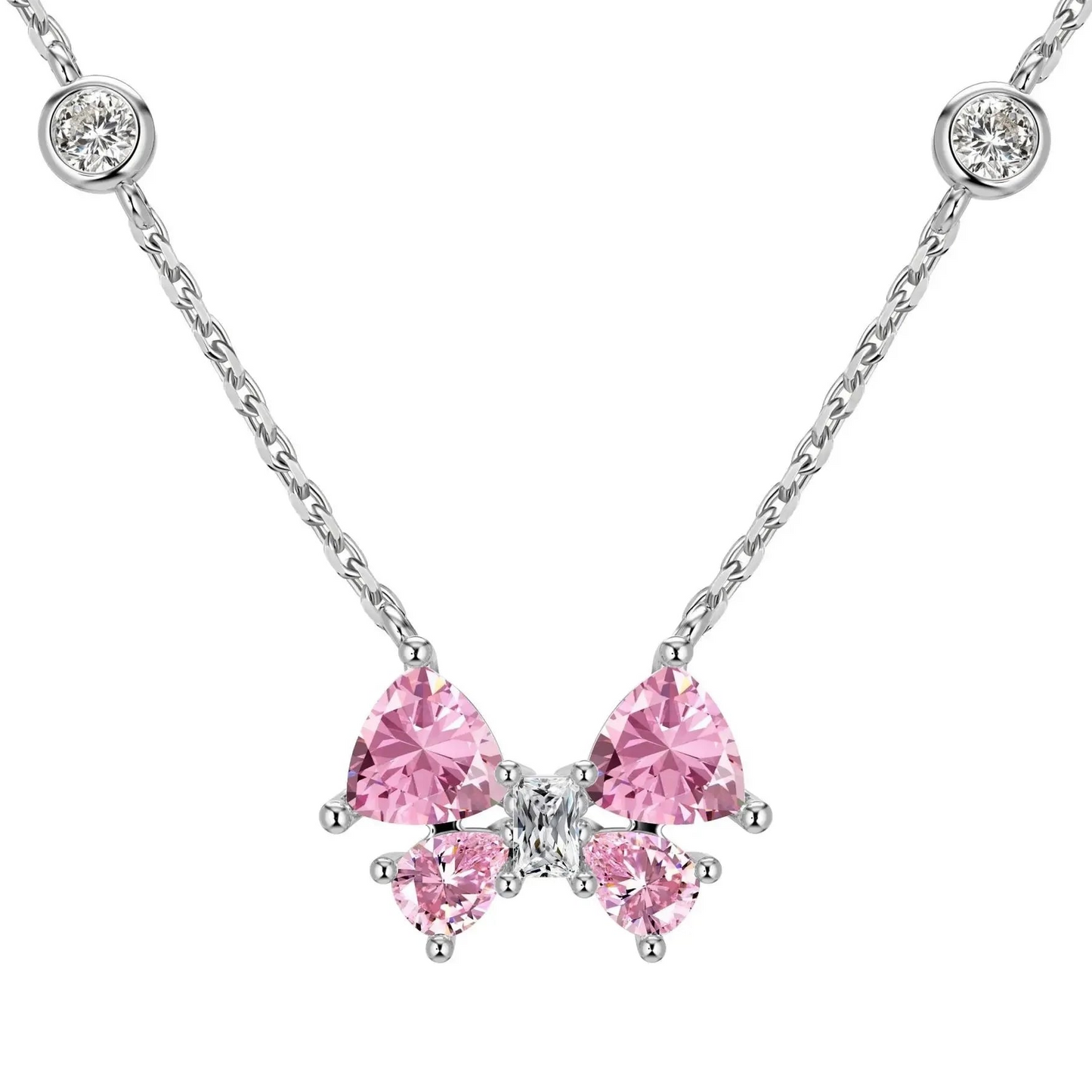 Butterfly Pendant 925 Sterling Silver Necklace with Pink Cubic Zirconia Stones