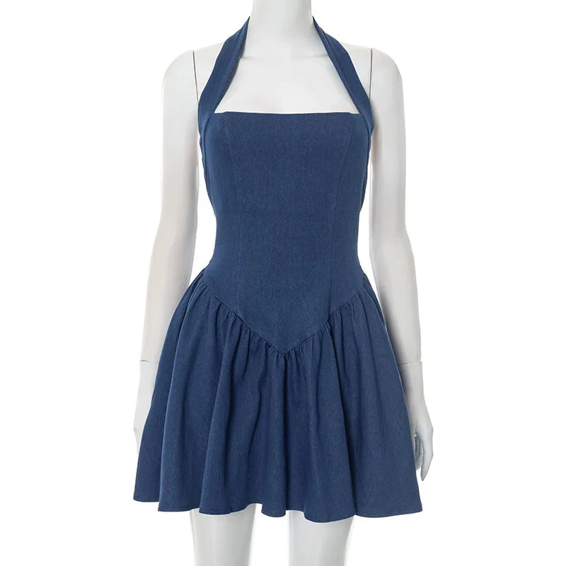 CLO068DJ
Woman Clothing Solid Blue Denim Short Holiday  Halter Neck Backless Tunics - Klixstore