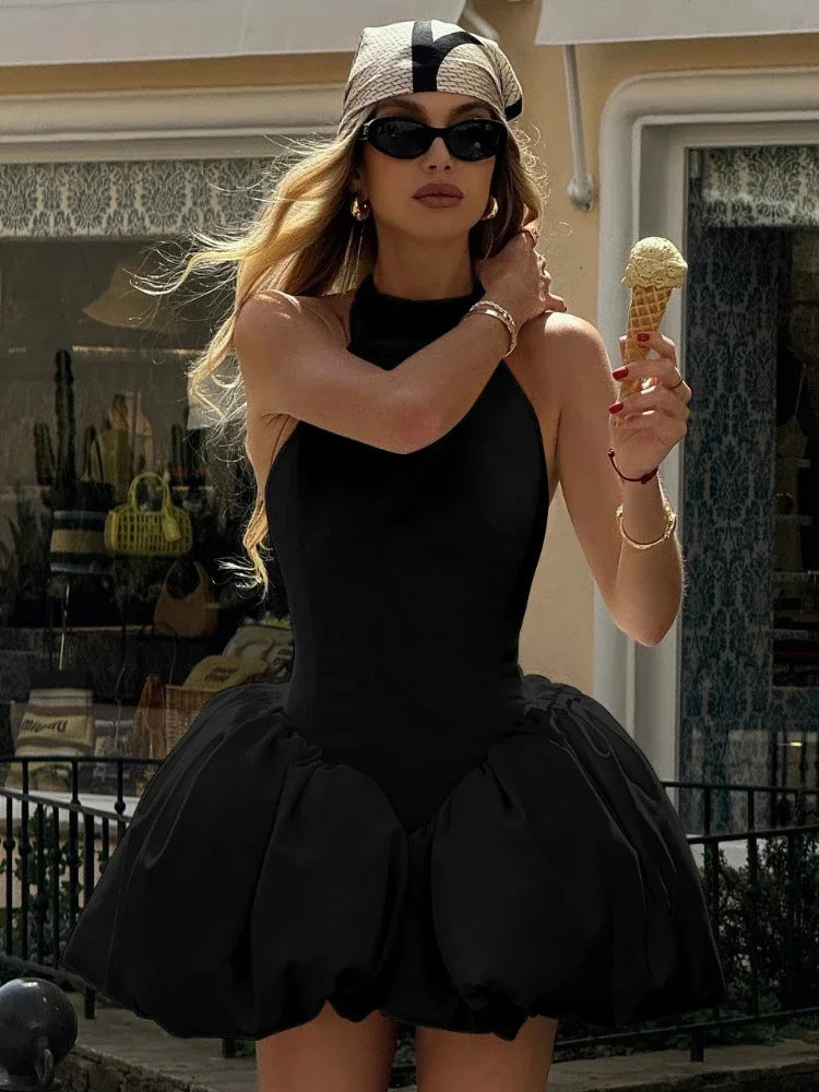 CLO059DJ
 Fashion Halter Neck Backless Tunics Short Dresses for Women  Sexy Sleeveless High Waist  Solid Ball Gown Evening Party Dress - Klixstore