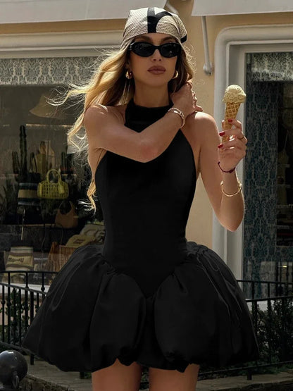 CLO059DJ
 Fashion Halter Neck Backless Tunics Short Dresses for Women  Sexy Sleeveless High Waist  Solid Ball Gown Evening Party Dress - Klixstore